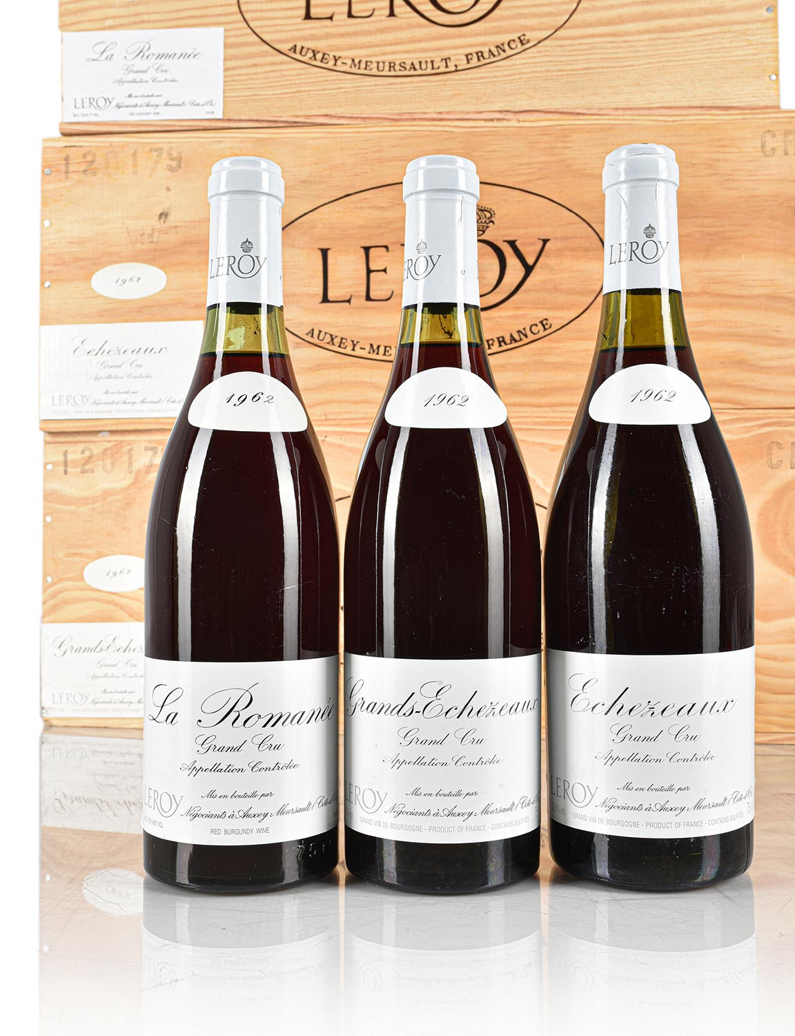 Lot 389, 390, 392: 12 bottles each 1962 Maison Leroy Echezeaux, Grands Echezeaux & La Romanee